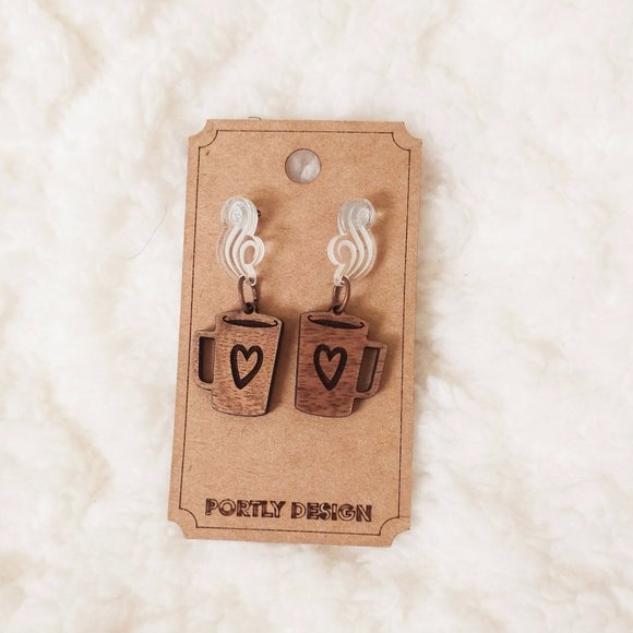 Portly Design Jewelry - 5/$25 Heart Coffee Earrings Dangle Wood Acrylic Steam